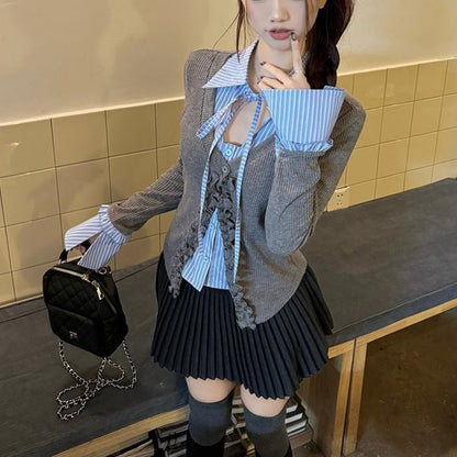 Extended Sleeve Mock Two Piece Collared Ruffled Trim Shirt / High Rise Mini Pleated Skirt
