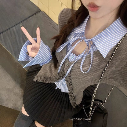 Extended Sleeve Mock Two Piece Collared Ruffled Trim Shirt / High Rise Mini Pleated Skirt