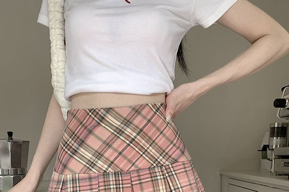 High Rise Plaid Mini Pleated Skirt