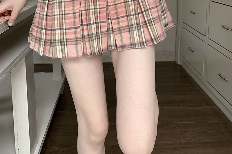 High Rise Plaid Mini Pleated Skirt