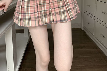 High Rise Plaid Mini Pleated Skirt