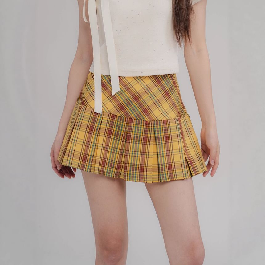High Rise Plaid Mini Pleated Skirt