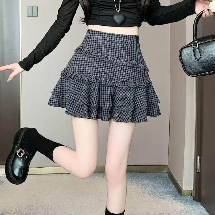High Rise Plaid Ruffled Mini A-Line Skirt
