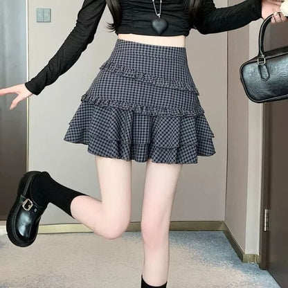 High Rise Plaid Ruffled Mini A-Line Skirt