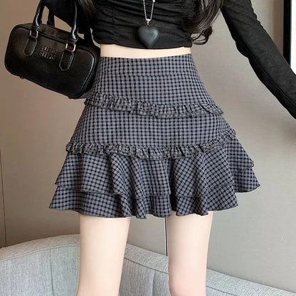High Rise Plaid Ruffled Mini A-Line Skirt