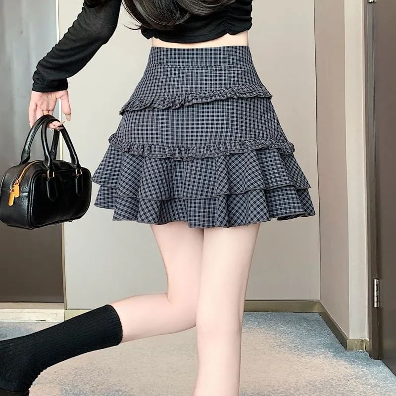 High Rise Plaid Ruffled Mini A-Line Skirt
