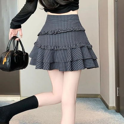 High Rise Plaid Ruffled Mini A-Line Skirt