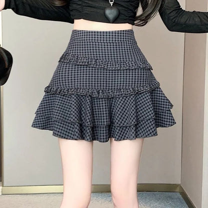 High Rise Plaid Ruffled Mini A-Line Skirt