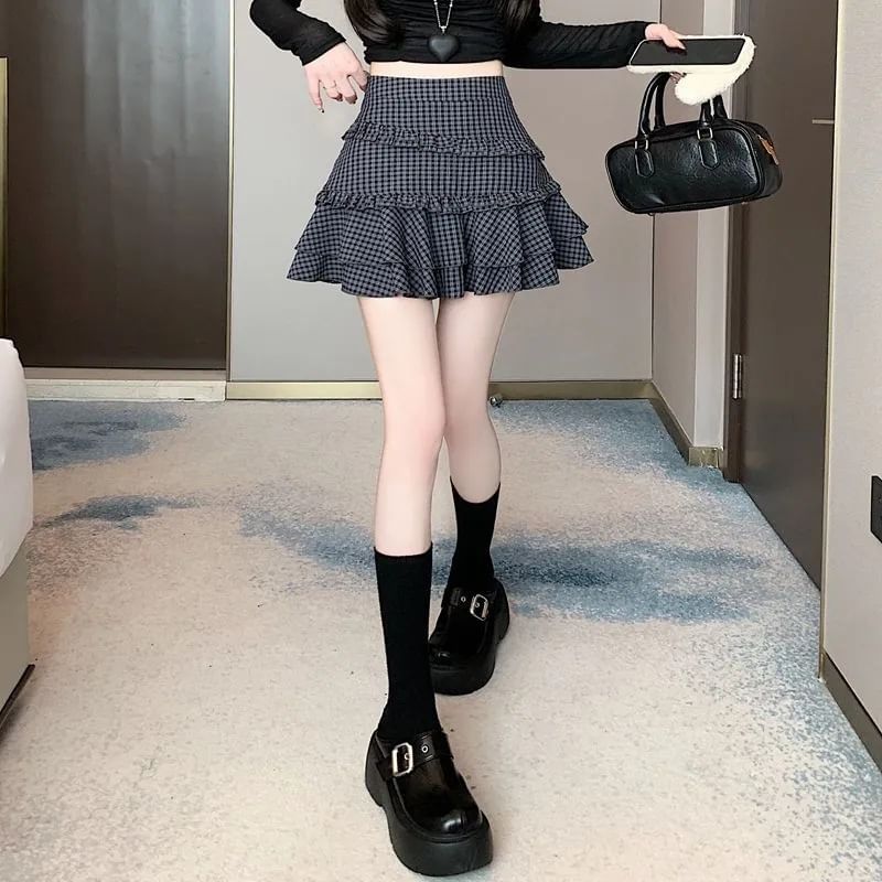 High Rise Plaid Ruffled Mini A-Line Skirt
