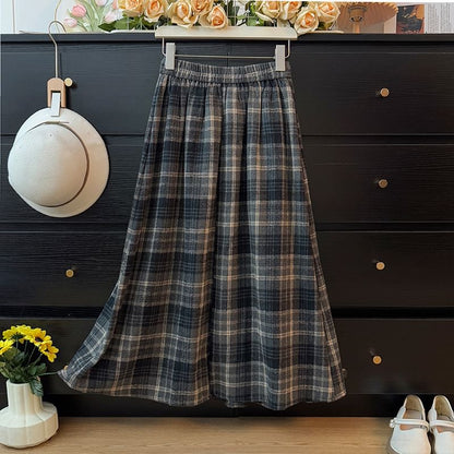 High Waist Plaid Maxi Pleated Long Skirt