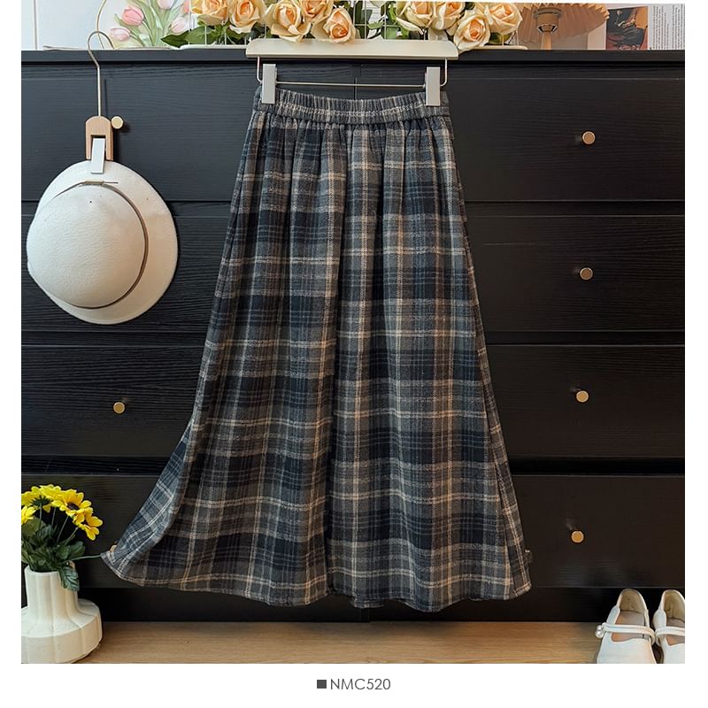 High Waist Plaid Maxi Pleated Long Skirt