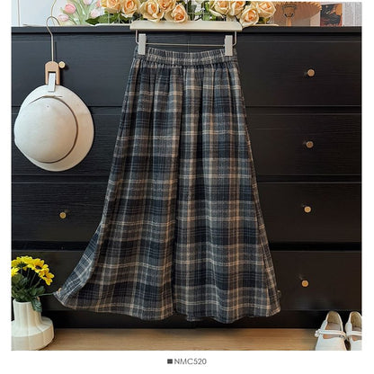 High Waist Plaid Maxi Pleated Long Skirt