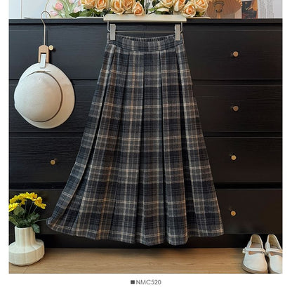 High Waist Plaid Maxi Pleated Long Skirt