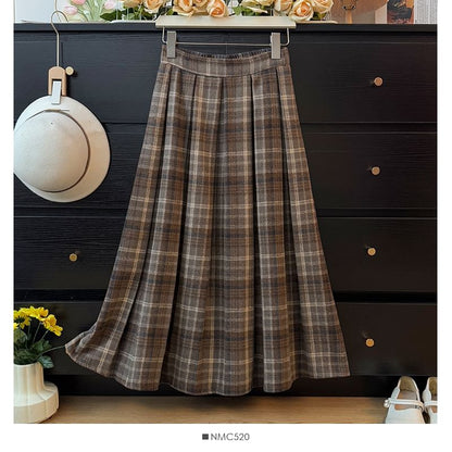 High Waist Plaid Maxi Pleated Long Skirt