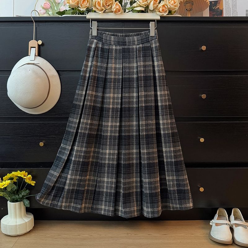 High Waist Plaid Maxi Pleated Long Skirt