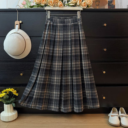 High Waist Plaid Maxi Pleated Long Skirt