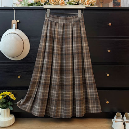High Waist Plaid Maxi Pleated Long Skirt