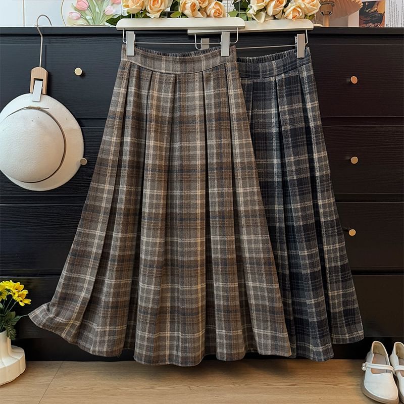 High Waist Plaid Maxi Pleated Long Skirt