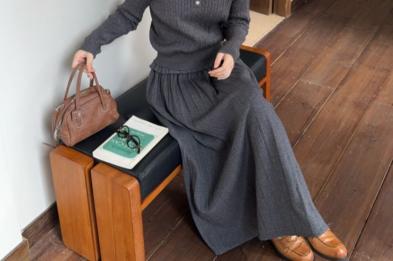 Collar Cable-Knit Sweater & High Waist Accordion Pleated Maxi A-Line Skirt Set