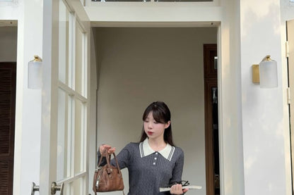 Collar Cable-Knit Sweater & High Waist Accordion Pleated Maxi A-Line Skirt Set
