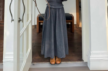 Collar Cable-Knit Sweater & High Waist Accordion Pleated Maxi A-Line Skirt Set