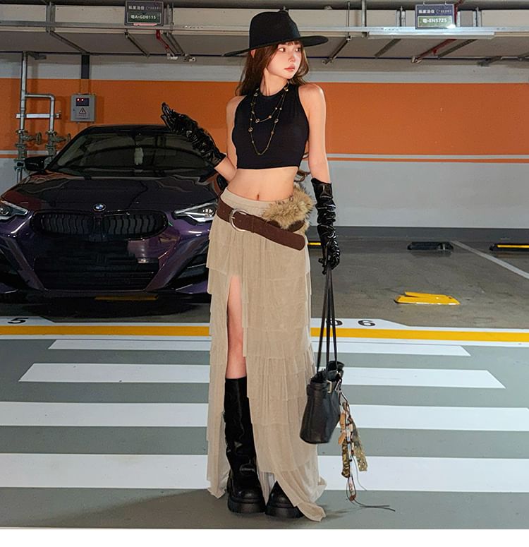 High Rise Slit Tiered Maxi A-Line Skirt