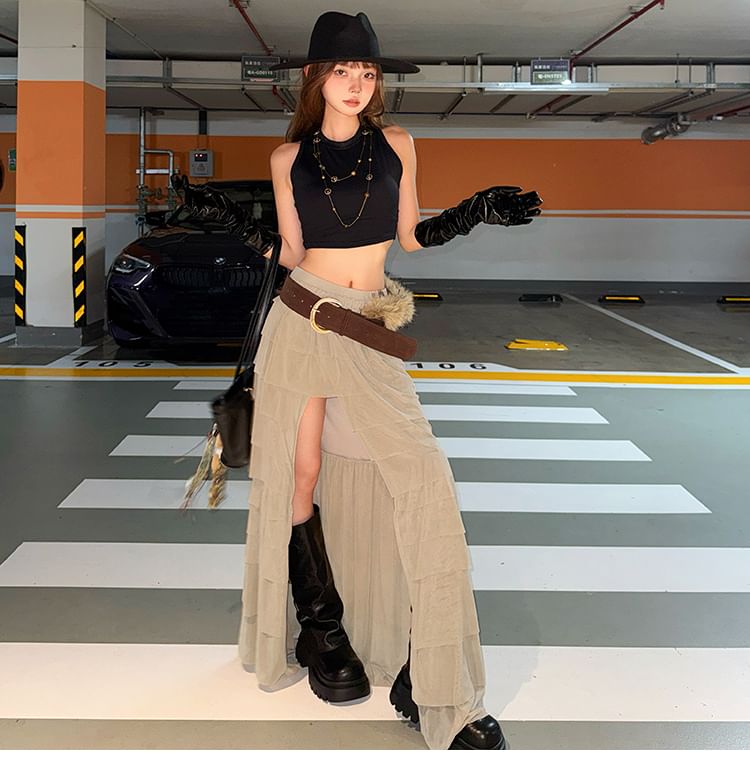 High Rise Slit Tiered Maxi A-Line Skirt