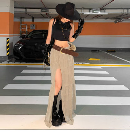 High Rise Slit Tiered Maxi A-Line Skirt