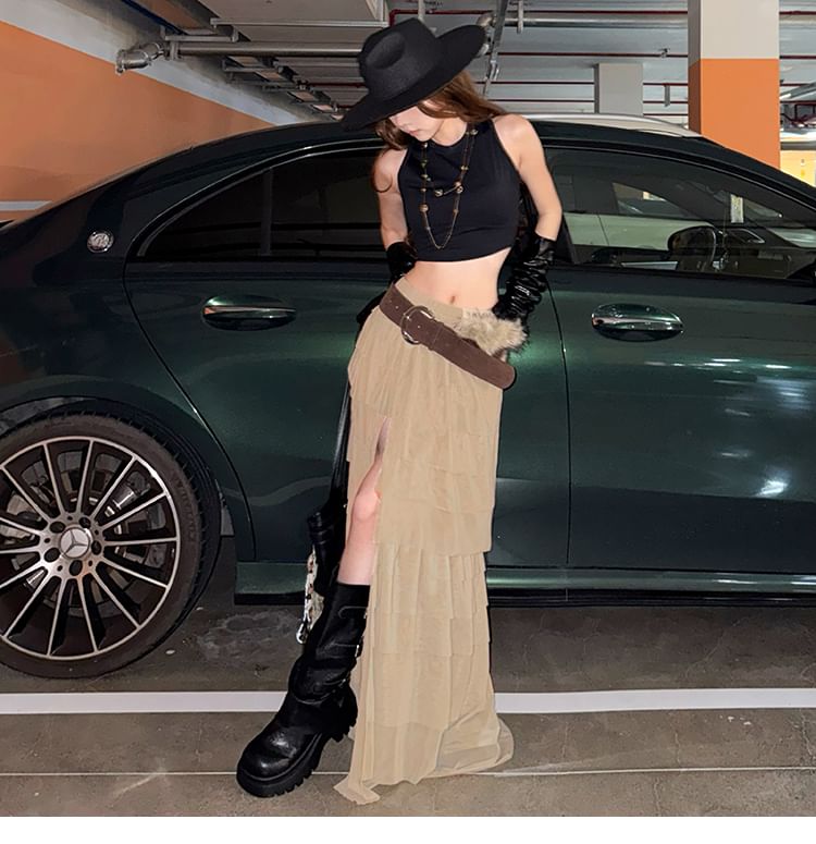 High Rise Slit Tiered Maxi A-Line Skirt