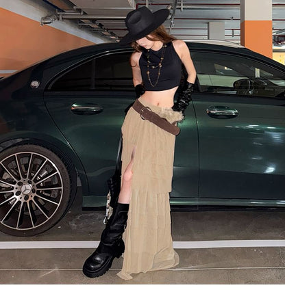 High Rise Slit Tiered Maxi A-Line Skirt