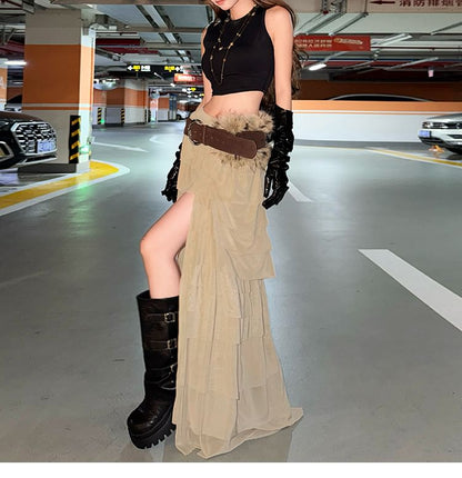 High Rise Slit Tiered Maxi A-Line Skirt