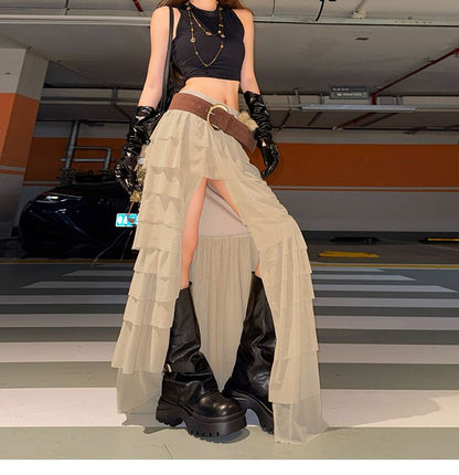 High Rise Slit Tiered Maxi A-Line Skirt