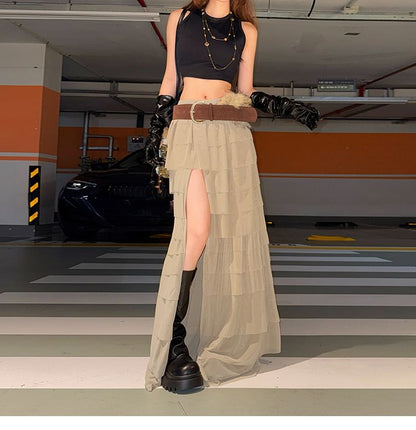 High Rise Slit Tiered Maxi A-Line Skirt