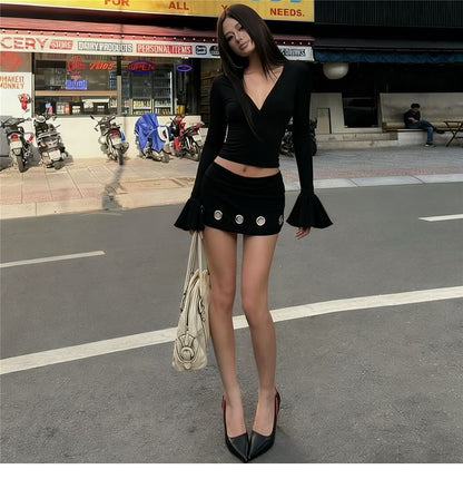 Long-Sleeve V-Neck Crop Slim T-Shirt & Mid Waist Grommet Mini Pencil Skirt