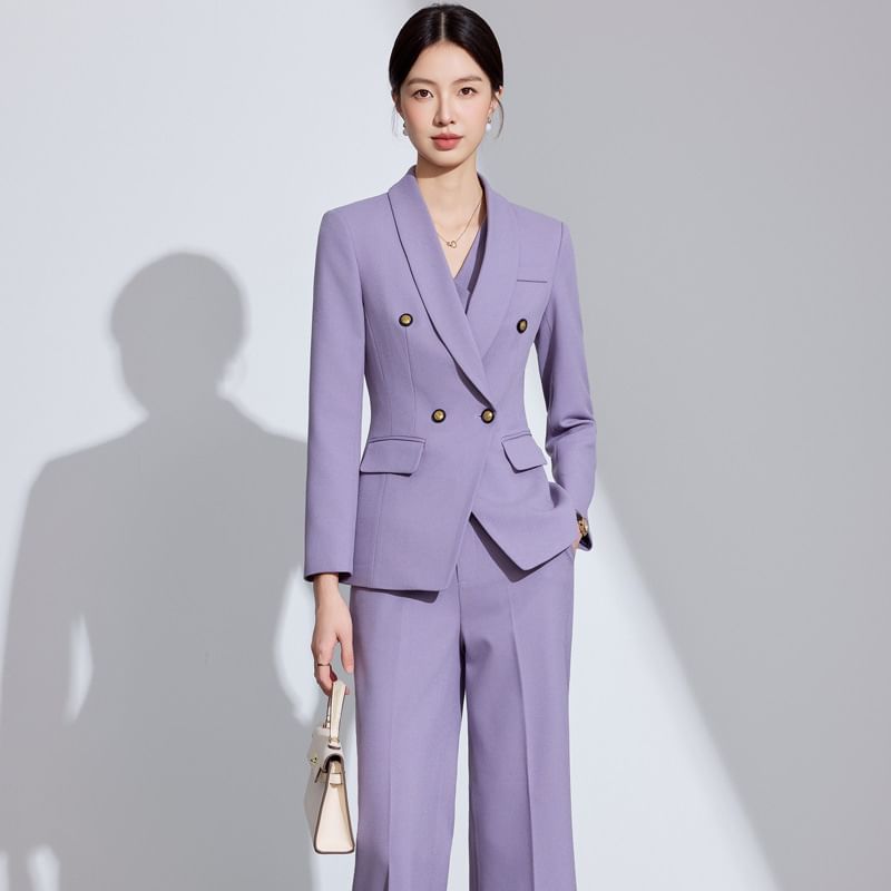 Shawl Lapel Solid Double Breasted Blazer / V-Neck Button Vest / High Rise Mini Pencil Skirt / Flared Suit Pants