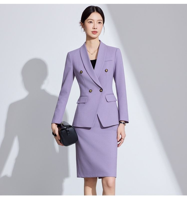 Shawl Lapel Solid Double Breasted Blazer / V-Neck Button Vest / High Rise Mini Pencil Skirt / Flared Suit Pants