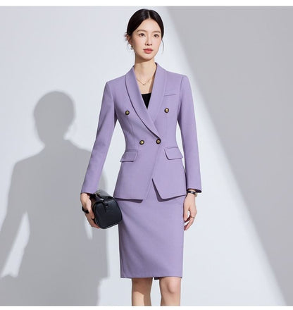 Shawl Lapel Solid Double Breasted Blazer / V-Neck Button Vest / High Rise Mini Pencil Skirt / Flared Suit Pants