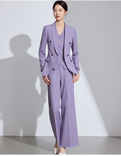 Shawl Lapel Solid Double Breasted Blazer / V-Neck Button Vest / High Rise Mini Pencil Skirt / Flared Suit Pants