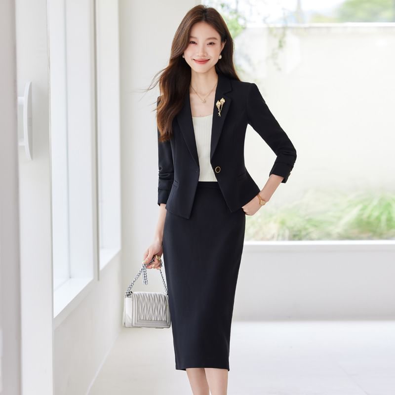 Notch Lapel Solid Single Breasted Blazer / High Rise Midi Pencil Skirt