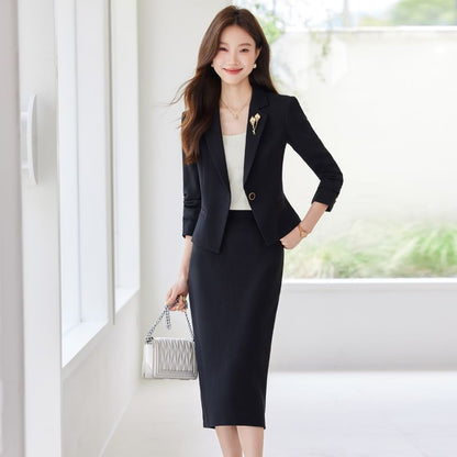Notch Lapel Solid Single Breasted Blazer / High Rise Midi Pencil Skirt