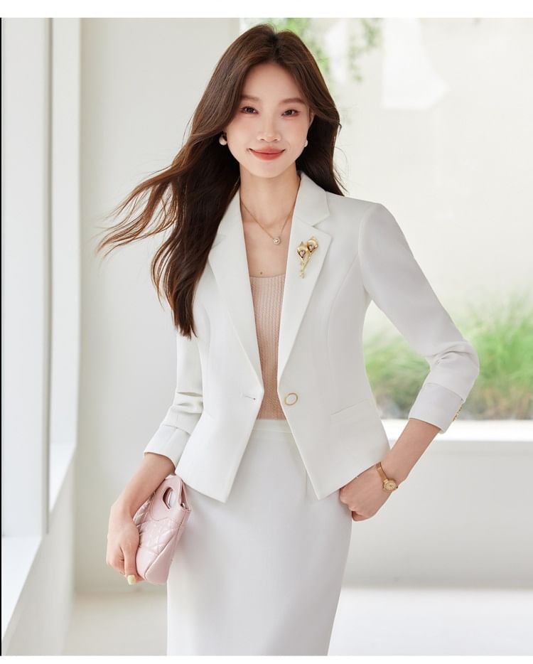 Notch Lapel Solid Single Breasted Blazer / High Rise Midi Pencil Skirt