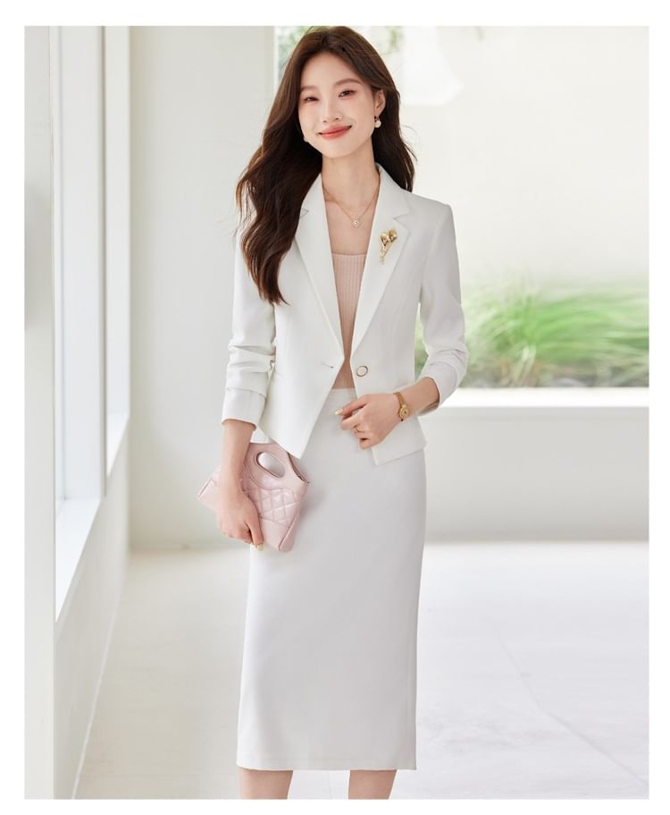 Notch Lapel Solid Single Breasted Blazer / High Rise Midi Pencil Skirt