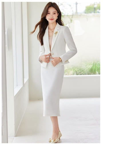 Notch Lapel Solid Single Breasted Blazer / High Rise Midi Pencil Skirt