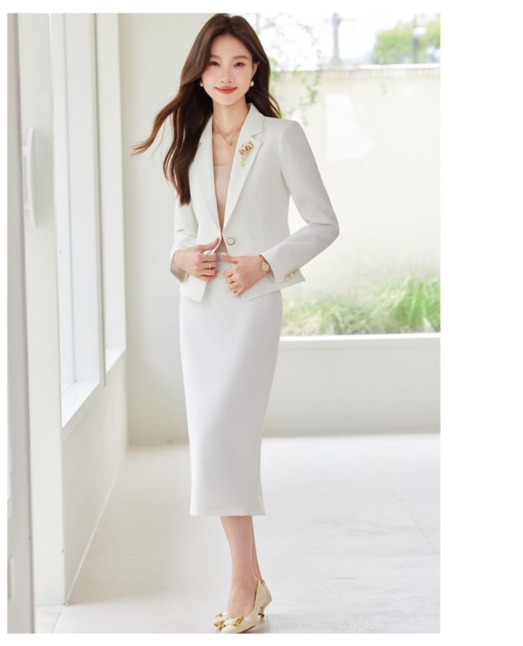 Notch Lapel Single-Breasted Blazer & Midi Pencil Skirt Set