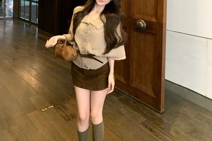 Elbow-Sleeve Collar Cardigan, High Waist Mini Pencil Skirt & Belt Set