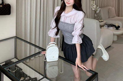 Elbow-Sleeve Two Tone Lace Trim Mock Blouse & Mid Waist Mini A-Line Skirt