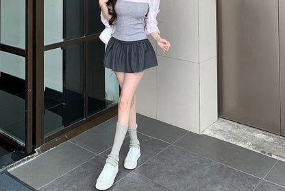 Elbow-Sleeve Two Tone Lace Trim Mock Blouse & Mid Waist Mini A-Line Skirt
