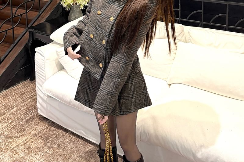 Stand Collar Plaid Double-Breasted Jacket & High Waist Mini A-Line Skirt