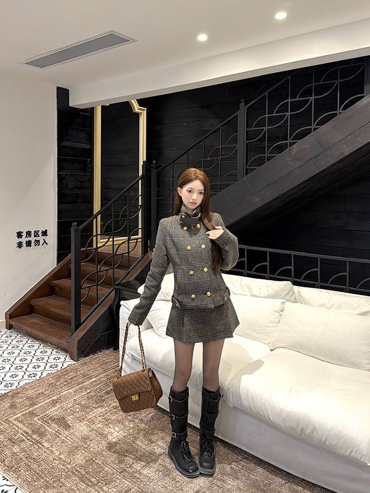 Stand Collar Plaid Double-Breasted Jacket & High Waist Mini A-Line Skirt