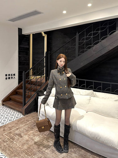 Stand Collar Plaid Double-Breasted Jacket & High Waist Mini A-Line Skirt